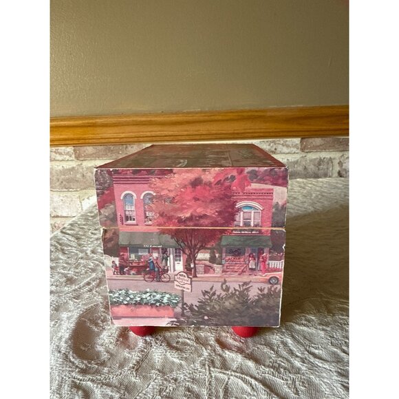 Hallmark Candy or Recipe  Box With Red & White Vintage Town Scene - Picture 2 of 16